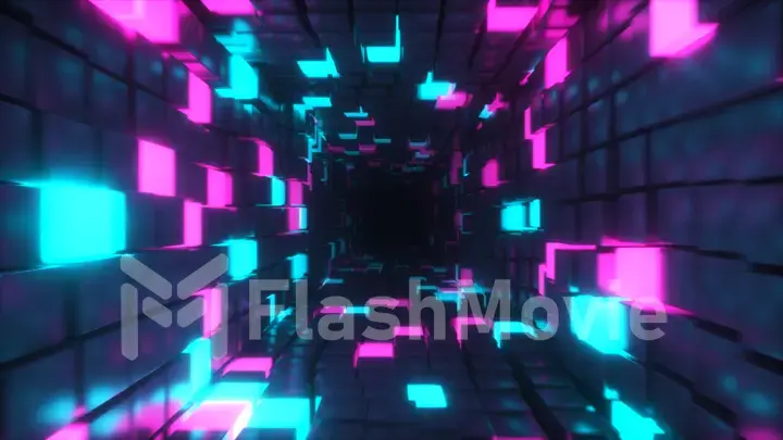 Abstract flying in futuristic corridor, 3d illustration background, fluorescent ultraviolet light, glowing colorful neon cubes, geometric endless tunnel, blue pink spectrum