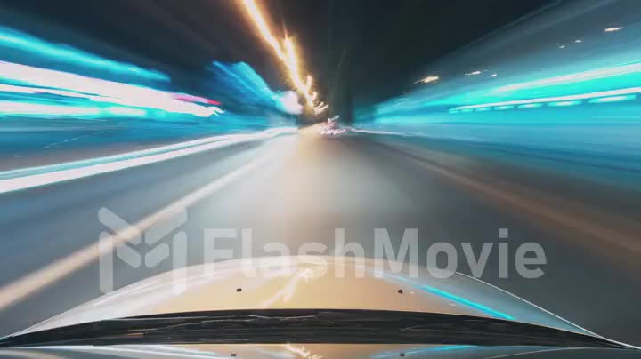 Night time lapse driving cars around the city with beautiful view lights from the roof car