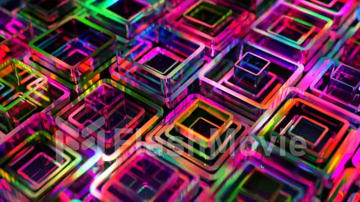 Square neon tubes are stacked into each other. Abstract background. Pink blue green color. 3d illustration