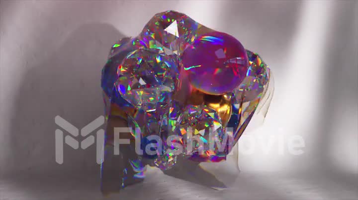 Abstract concept. Diamond and metal colored balls move in waves. Gems. Rainbow glow. Transparent cape. 3d animation