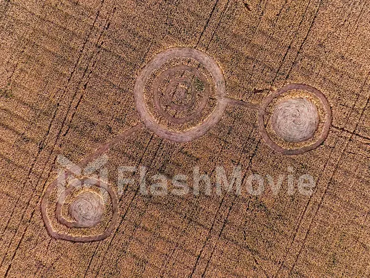 Mysterious mystical signs in the middle of the field. Aerial drone view