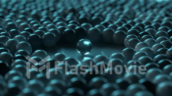 Array of dynamic glass spheres around one glass sphere. Social concept. 3d animation