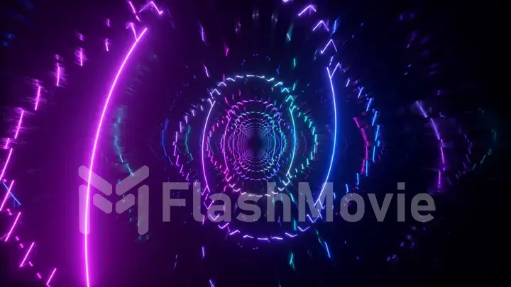 Gradient neon spiral metal tunnel background. Endless flight forward. Modern neon lighting. 3d illustration