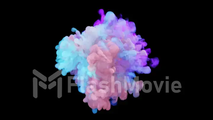 Several explosions of colorful multicolored smoke and powder. Colored smoke blended on a black isolated background 3d illustration