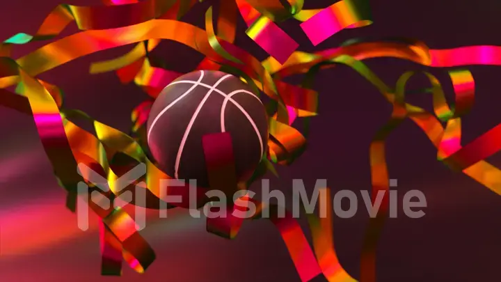 Cluster of red yellow neon ribbons. A purple basketball flies through the ribbons. Slow motion. Abstract background.