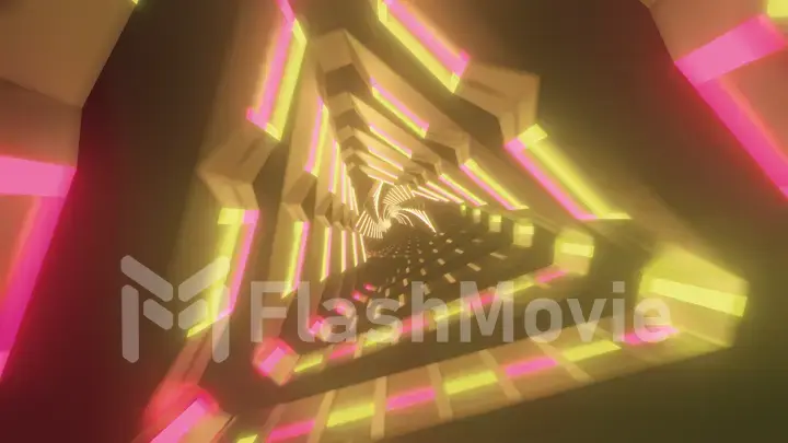 Flying through metallic glowing rotating neon triangles creating a tunnel, colorful spectrum, fluorescent ultraviolet light, modern colorful lighting, 3d illustration