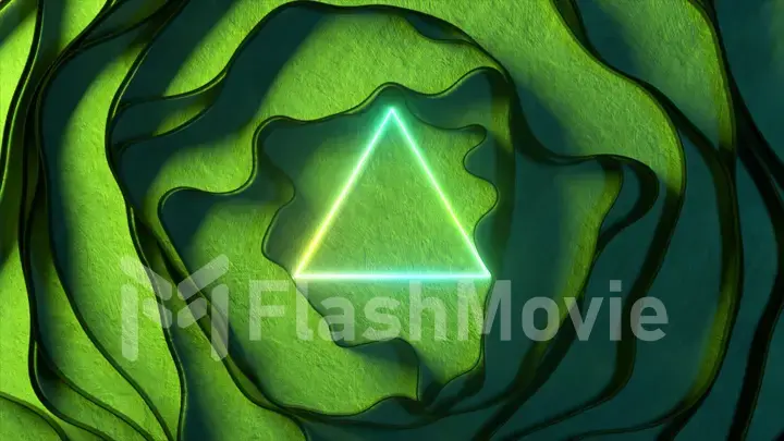 Abstract neon background. Bright neon triangle interact with dynamic stripes.Modern ultraviolet neon lighting. Green spectrum. 3d illustration