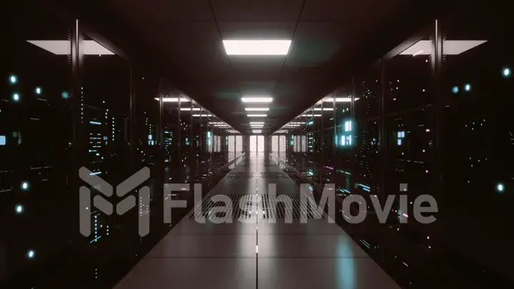 Big data servers. Data Solutions. Server room with working flickering panels behind the glass. Data center and internet. Dolly zoom effect 3d illustration