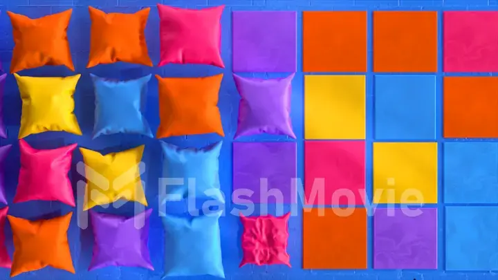 Abstract concept. Colored fabric squares turn into pillows. Video game. Purple, green, sand color. 3d illustration