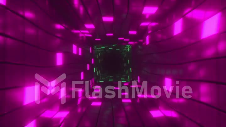 Abstract flying in futuristic corridor, seamless loop 4k background, fluorescent ultraviolet light, glowing colorful neon cubes, geometric endless tunnel, 3d render