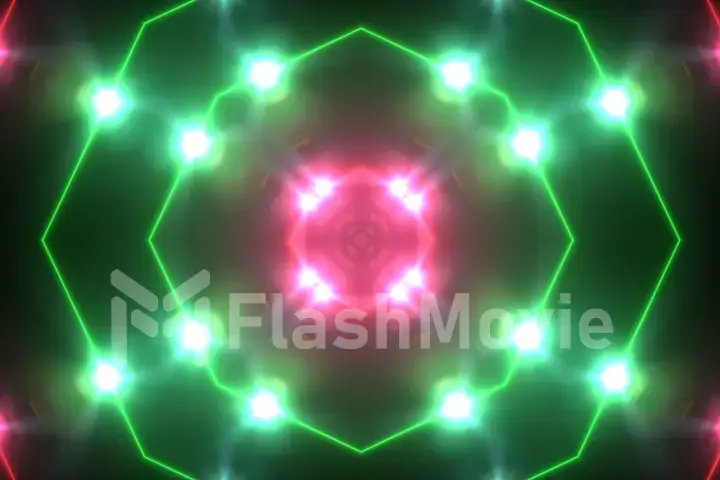 Abstract disco kaleidoscopes background with glowing neon colorful lines and geometric shapes for music videos, VJ, DJ, stage, LED screens, show, events, christmas videos, night clubs. 3d illustration