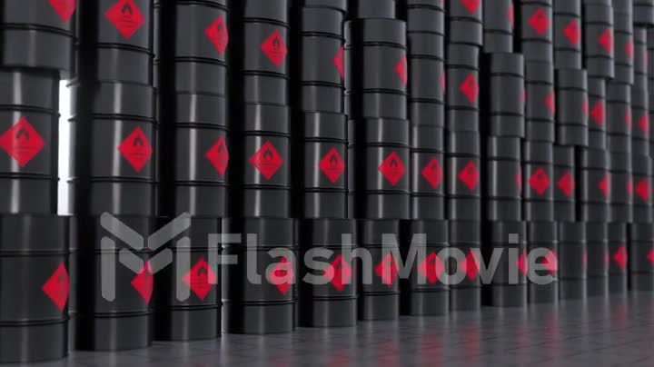 Warehouse with black oil barrels. Combustible flammable materials. Life threatening. 3d animation of seamless loop