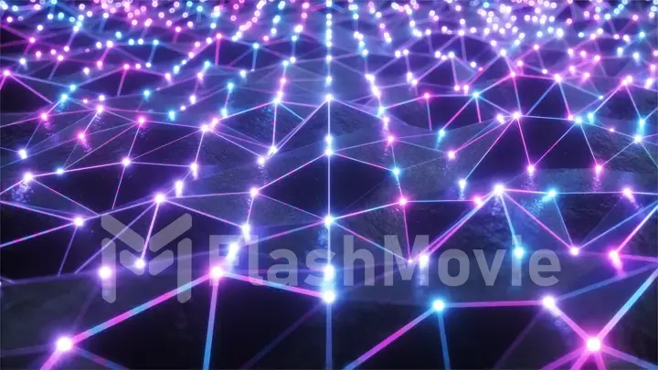 Flying over the landscape of a relief area in a retro futuristic style with a neon grid and luminous spheres. Modern ultraviolet light. 3d illustration