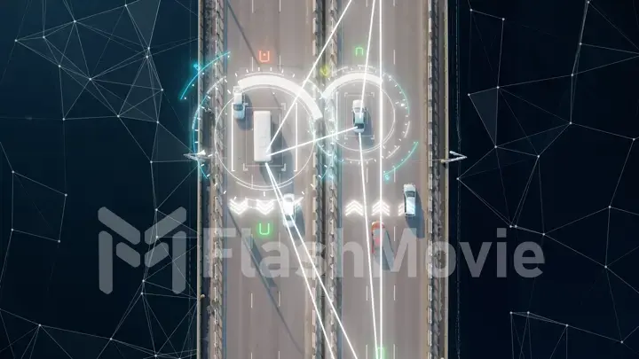 4k aerial view of driverless or autonomous car. Traffic passing by a highway. Plate number, speed limit and ID number displaying. Future transportation. Artificial intelligence. Self driving.