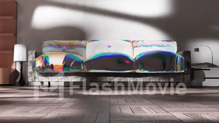 Gray sofa transforms into a liquid transparent rainbow substance. Office furniture. Shadow on the white wall.