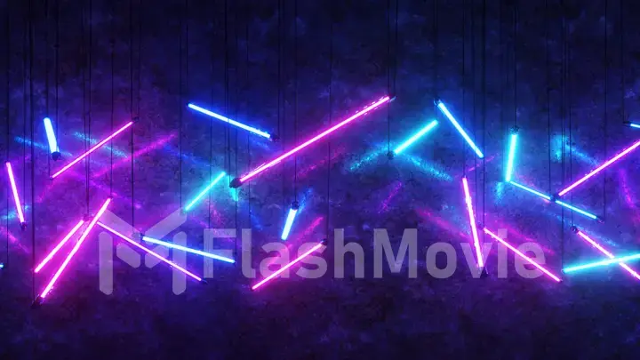 Blue and purple fluorescent lights suspended from ropes. Modern ultraviolet noen lighting. 3d illustration