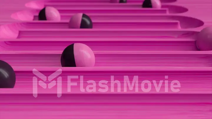 Bright colorful background with rolling balls along the paths. Plastic ball rolling in geometry deepening. 3d illustration