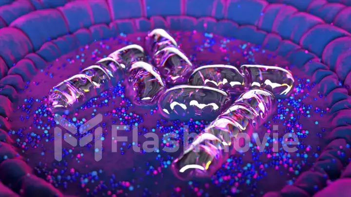 M symbol made from bubbles. Metal bubble. Blue purple neon color. Particles and circles around. 3d illustration