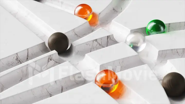 Colored balls roll around the white marble labyrinth. White, orange, green, black sphere. 3d Illustration