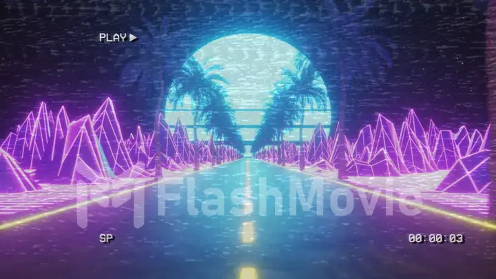 80s retro futuristic sci-fi. Retrowave VJ videogame landscape, neon lights and low poly terrain grid. Stylized vintage vaporwave 3d illustration background with mountains, sun and stars.