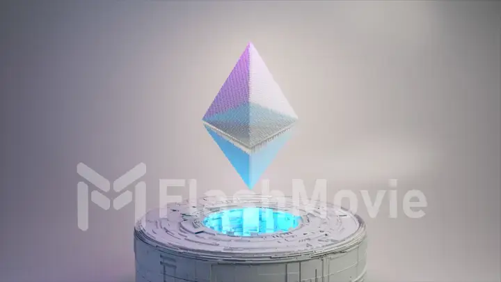 Pixel animation of Ethereum coin symbol logo with neon lighting. Ethereum coin 3d illustration