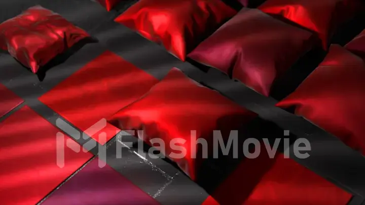 Close-up. Red satin pillows inflate. Shadow on the surface. Pillows float above the floor. 3d illustration