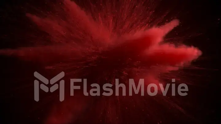 3d illustration of red colored powder explosion isolated on black background.