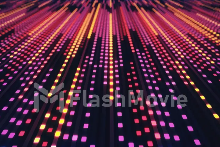 Abstract background of glowing neon squares in retro style 3d illustration