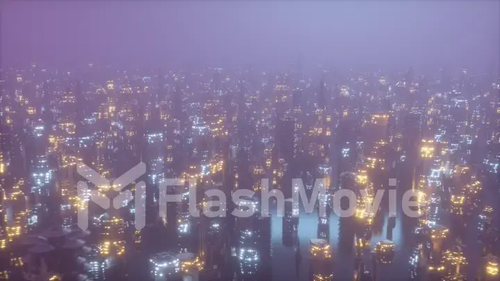 Futuristic city at night in the fog, the city of the future is covered with a grid of connections, the concept of information transfer 3d illustration