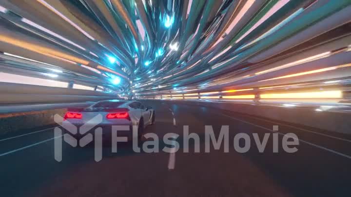 The movement of car on a futuristic bridge with fiber optic. Future technologies concept. Business background. Pleasant natural light. Seamless loop 3d render
