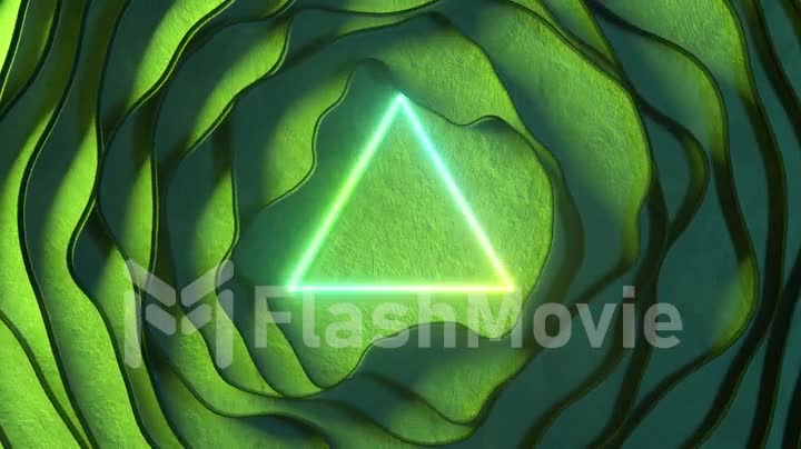 Abstract neon background. Bright neon triangle interact with dynamic stripes.Modern ultraviolet neon lighting. Green spectrum.