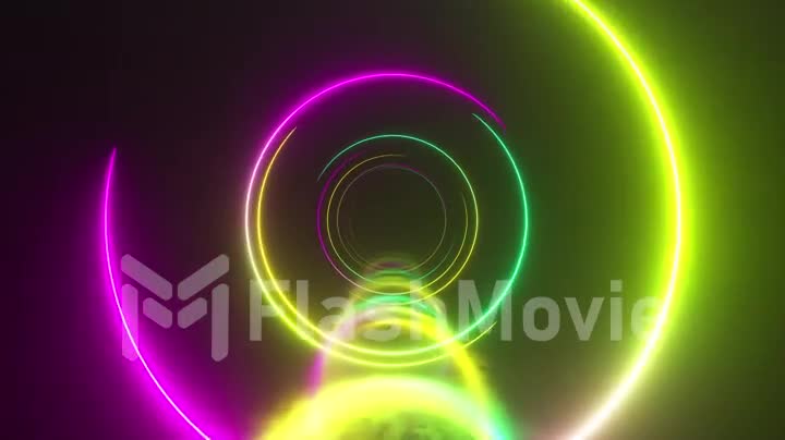 Infinity flight inside tunnel, neon light abstract background, round arcade, portal, rings, circles, virtual reality, modern light spectrum, laser show. Seamless loop 3d render