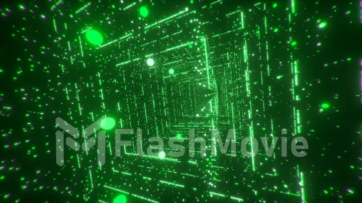 Digital technology tunnel. 3D illustration Big Data Digital square corridor with futuristic matrix. Binary code particle network. Motion and communication technology background. Flashing particles.