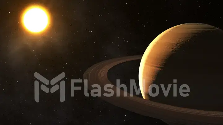 The sun shines on Saturn in space high quality 3d illustration.