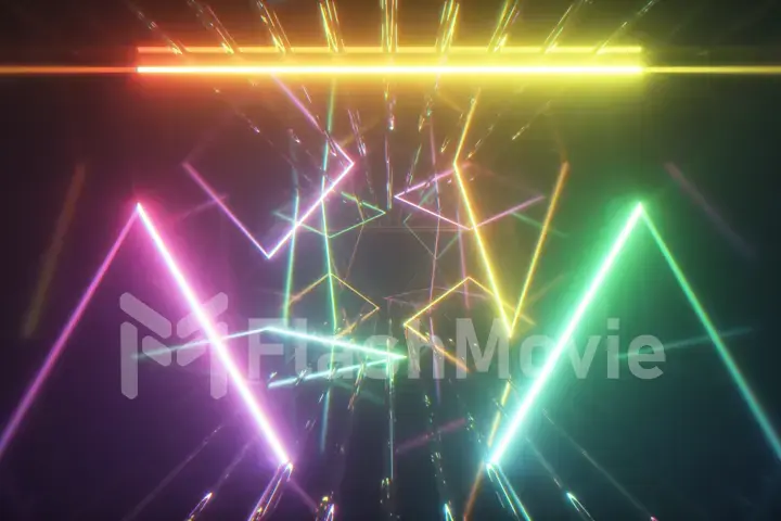 Flying through glowing neon lines creating a tunnel, multicolored spectrum, modern colorful lighting, 3d illustration