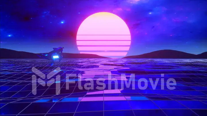 Retro 80s style. Fly endlessly over the digital ocean. Dolphins are jumping over the water. Colorful retro sunset. 3d illustration