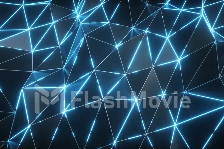 Abstract motion background. Low-poly dark waving surface with glowing blue light. 3d illustration