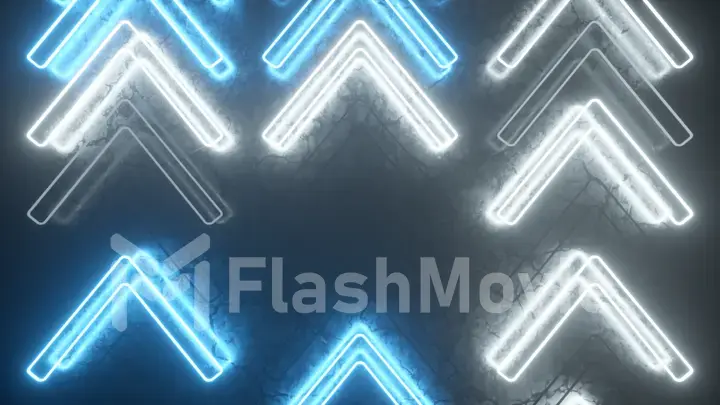 Bright neon arrows on a metal surface indicate the direction of movement. Abstract laser background. 3d illustration