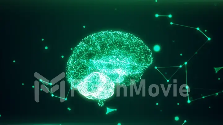 3d rendering illustration. Red the human brain on dark background. The brain as a hologram. The grid frame that surrounds the brain.