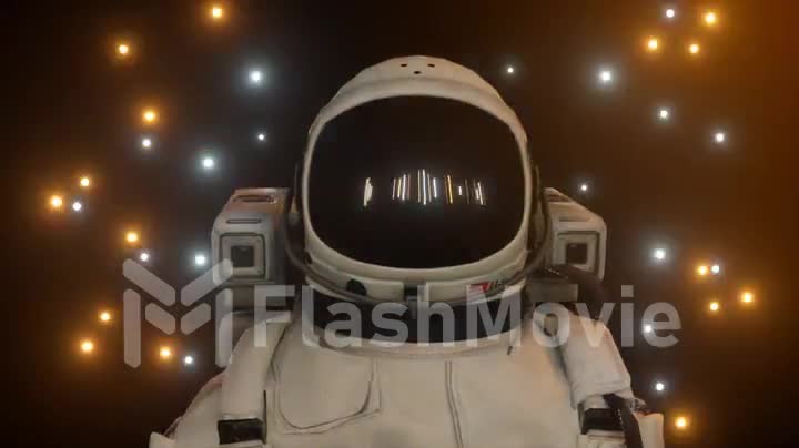Astronaut surrounded by flashing neon lights. Music and nightclub concept. 3d animation of a seamless loop