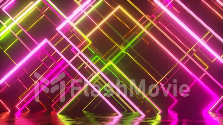 Movement of glass neon blocks. Modern ultraviolet lighting. 3d illustration