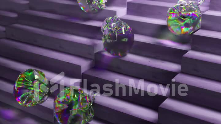 Funny concept. Diamond soft skulls roll down the stairs. Rainbow. Transparent. Wooden purple stairs. 3d animation