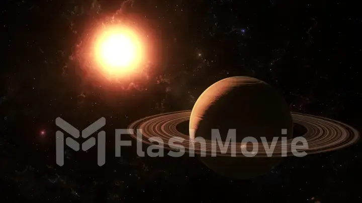 The sun shines on Saturn in space high quality 3d illustration.