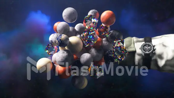 Planets of the solar system and diamond spheres connect on a space background. The astronaut's hand breaks the cluster
