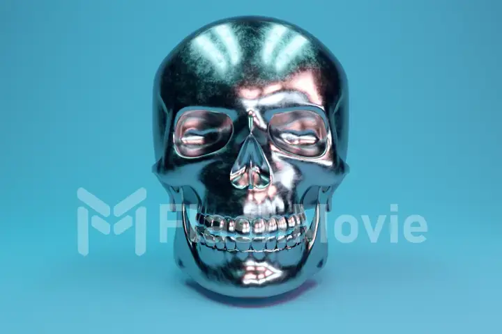 A scratched metal human skull glamorous blue background. 3d illustration