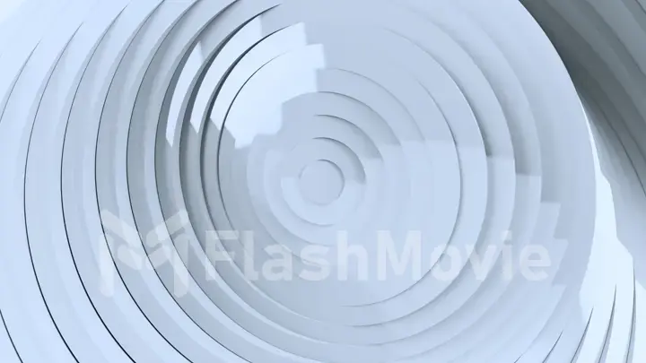 Abstract pattern of circles with the effect of displacement and rotation. White clean rings animation. Reflective surface. Abstract background for business presentation. 3d illustration