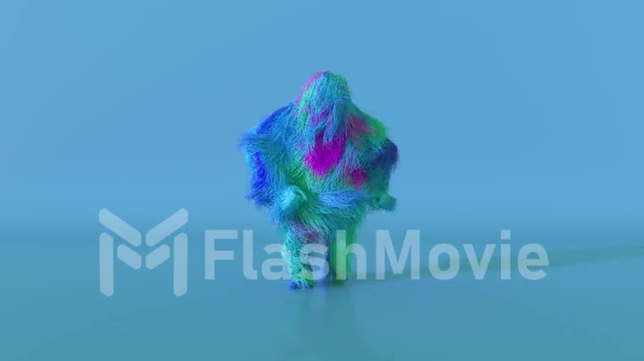 Cheerful colorful hairy cartoon dancing character, furry animal, having fun, furry mascot animation. Modern minimalist design. 3d animation of seamless loop.