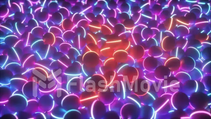 3D illustration of a pile of abstract neon ultraviolet colorful glow spheres and balls, rolling and falling.