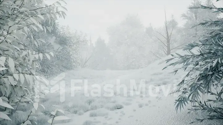 Winter snowfall in the forest, gentle lovely snowy Christmas morning with falling snow. Winter landscape. Snow covered trees and trails. Fog. Ultra realistic 3d illustration