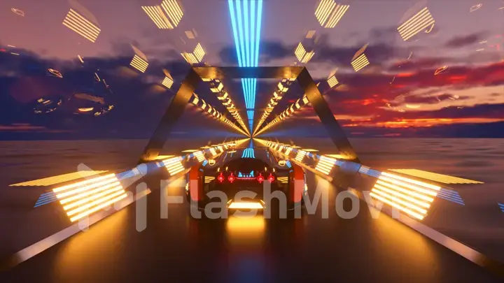 The car rushes at high speed through an endless neon technology tunnel. Futuristic concept. 3d illustration